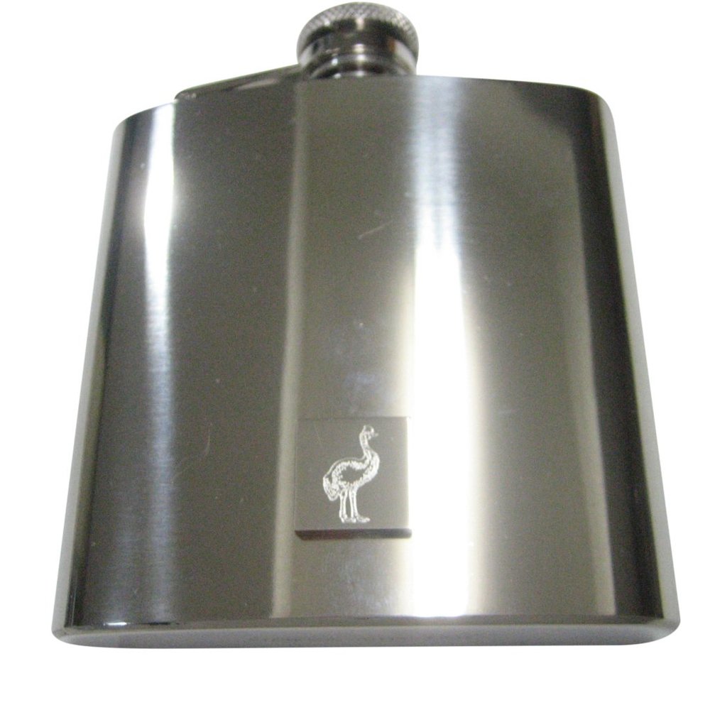 Silver Toned Square Etched Cassowary Bird 6oz Flask